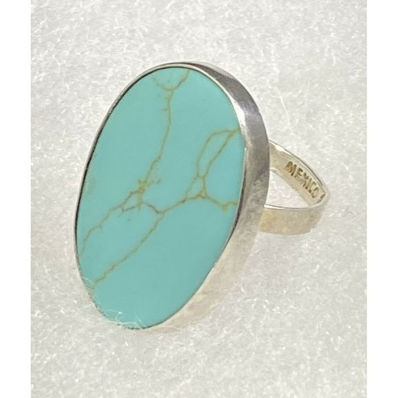925 Ring Mexico Turquoise Oval Cab Ring Size 7 Adjustable Fine - Picture 6 of 7